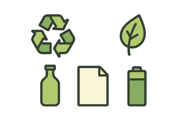 Environmental sustainability symbols with recycling sign, green leaf, glass bottle, paper, and battery elements