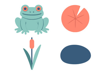 Adorable green frog, vibrant orange lily pad, tall green cattail, and smooth blue stone in charming paper cut style