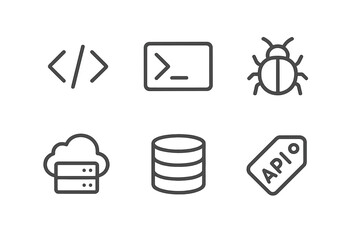 Programming and software development icons featuring code, terminal, bug, cloud server, database, and API symbols
