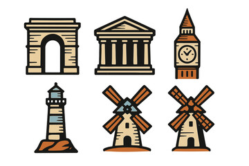 Naklejka premium Iconic architectural structures and global travel destination symbols representing famous landmarks