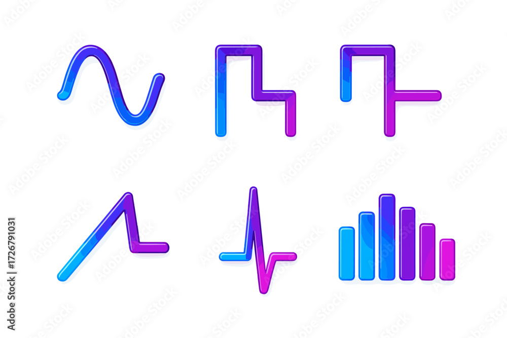 Poster collection of vibrant abstract data visualization elements with smooth gradient colors and glossy fi