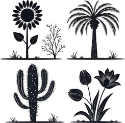 Set of 4 designs solid black silhouette plants, sunflower, cactus, palm tree, tulip, lotus, full black fill, realistic proportions, isolated on white background, vector-friendly, no text.