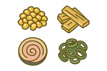 Stylized food icons featuring golden corn kernels, crispy french fries, a spiral pastry, and fresh green onion rings