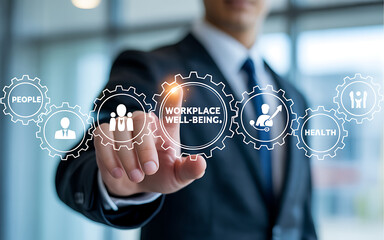 Businessman touching digital interface with workplace well being icons