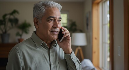 Elderly Man Wearing Light Shirt Talking on Smartphone in Cozy Home Setting