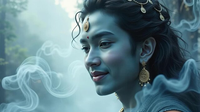 Divine Lord Dattatreya face close-up, mystical dream mist ethereal background, 4K video footage creating spiritual ambiance and divine presence