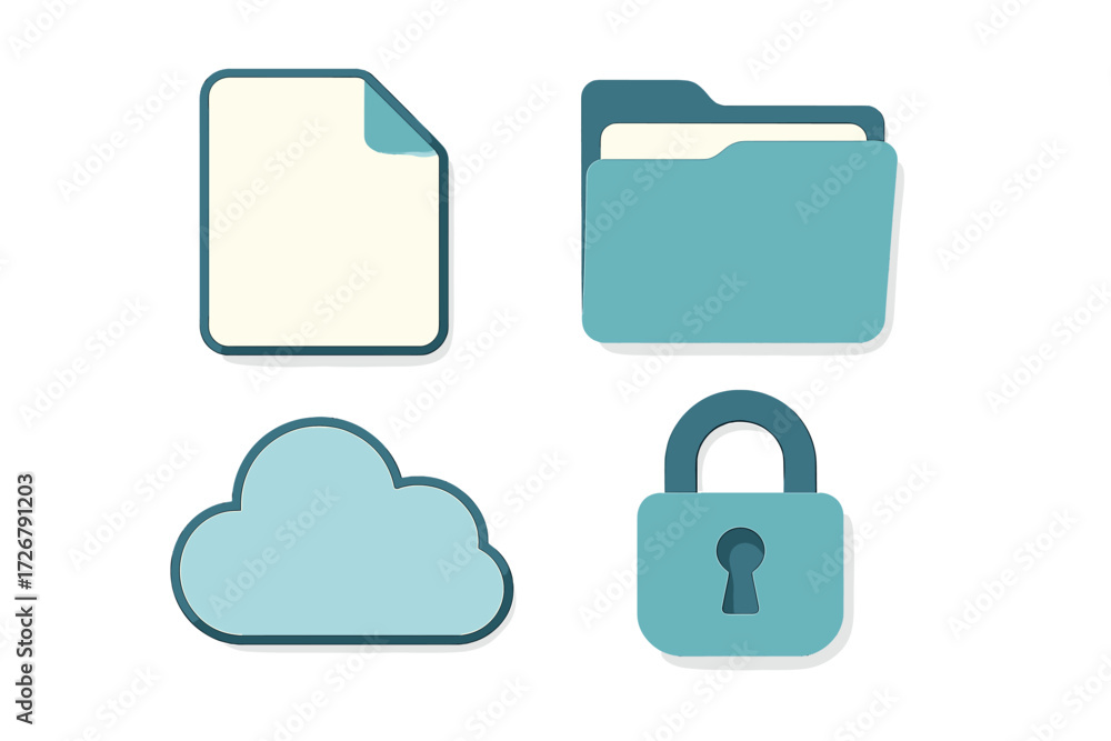 Poster modern flat style symbols for digital data storage, cloud computing, file management, and secure acc
