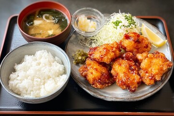 karaage teishoku chicken and rice, miso soup set