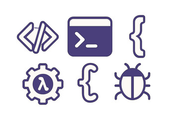 Programming and software development icons set with code, terminal, braces, lambda, and bug symbols