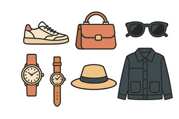Fashion accessories and apparel collection with shoes, bag, watches, hat, sunglasses, and jacket