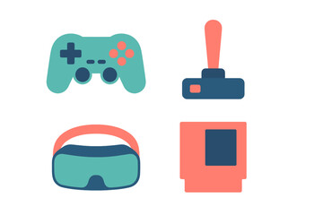 Modern and retro gaming equipment including gamepad, joystick, virtual reality headset, and game cartridge