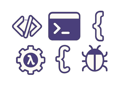 Programming and software development icons set with code, terminal, braces, lambda, and bug symbols