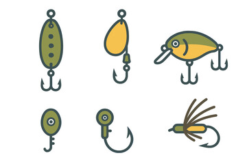 Diverse collection of fishing lures, spinners, and flies for recreational angling activity and sport fishing