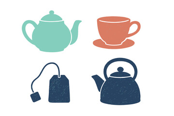 Assortment of stylized teapot teacup kettle and tea bag icons for hot beverage concepts and kitchenware design