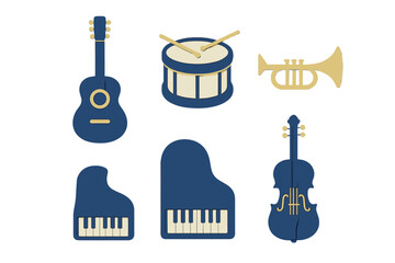 Obraz premium Modern minimalist musical instruments guitar drum trumpet piano violin blue gold