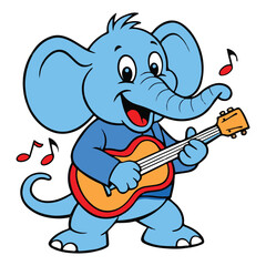 Cheerful Blue Elephant Playing Guitar with Musical Notes