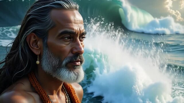 Mystical Lord Dattatreya emerges from a cosmic ocean wave, a divine vision for spiritual and fantasy projects, 4k resolution.