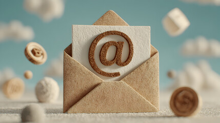 Creative illustration featuring a textured envelope with an '@' symbol and floating elements, representing digital communication and connectivity in a whimsical environment