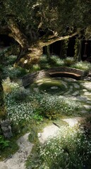 A serene garden space, encircled by a stone wall, featuring a rustic wooden bench and a large, ancient-looking tree, bathed in soft, dappled sunlight.