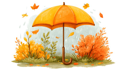 Bright yellow umbrella stands amidst colorful autumn foliage, surrounded by vibrant orange and green plants, capturing the essence of a rainy fall day in a whimsical illustration