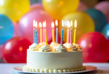 A birthday cake with lit candles on a festive table, with blurred balloons in the background. Bokeh, joyful atmosphere.