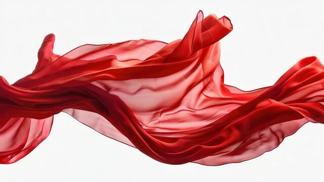 A woman in a bright red dress is seen flying through the air, captured in a dynamic and whimsical moment