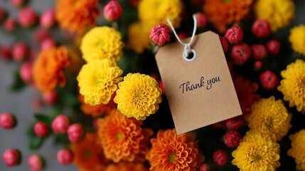 Autumn bouquet of mums with gratitude gift tag