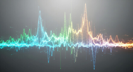 An abstract visualization of a vibrant, kinetic wave pattern. The wave has dramatic peaks and troughs, composed of glowing, interconnected digital particles, against a neutral grey background. It conv