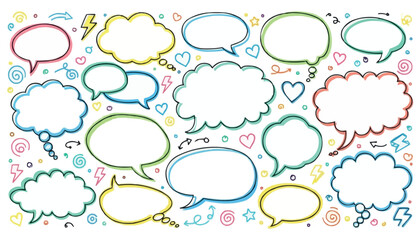 Vector art of collection of handdrawn speech bubbles and thought clouds in various shapes and colors, decorated with doodles like lightning bolts, hearts, and swirls