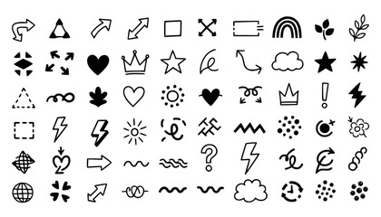 Vector art of collection of handdrawn doodle icons and symbols isolated on a, featuring arrows, shapes, hearts, stars, and more