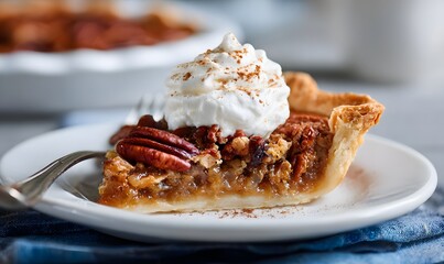 slice of pecan pie with golden flaky crust, gooey caramel nut filling topped with whole toasted pecans, a dollop of whipped cream dusted with cinnamon on top