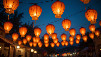 Warm orange lanterns hang in rows against a deep twilight sky, creating a festive and serene atmosphere in an outdoor setting with soft, glowing light.