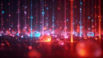 Abstract digital art of glowing red and blue liquid droplets on a reflective surface with vertical light streaks creating a futuristic atmosphere. - Powered by Adobe