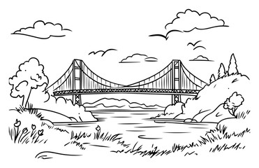 Graceful suspension bridge spanning tranquil river between rolling green banks – peaceful engineering landmark line drawing