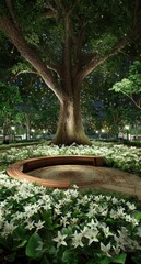 A circular wooden bench nestled beneath a large, illuminated tree, surrounded by a carpet of white flowers, creates a serene and enchanting night garden scene.