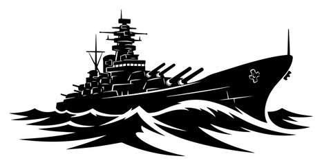 Mighty battleship plowing through rough ocean waves – powerful naval warship silhouette graphic