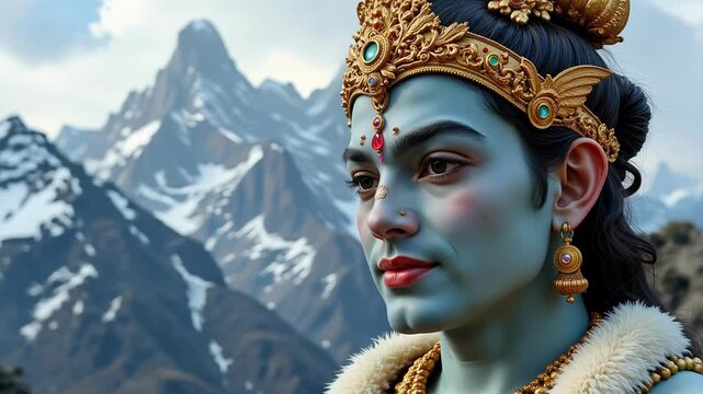 Divine Lord Indra close-up face, surreal Himalayan snow peak backdrop, ethereal 4k video, powerful divine presence, majestic beauty