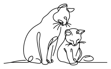 Tender mother cat cuddling kitten, drawn as single continuous line – minimalist feline family love illustration