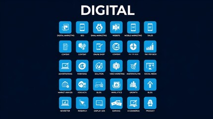 Collection of digital icons representing various technology concepts, including cloud computing, data analysis, and network communication on dark blue background