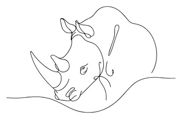 Powerful rhinoceros resting on savanna ground, rendered in one-line style – bold wildlife conservation icon illustration