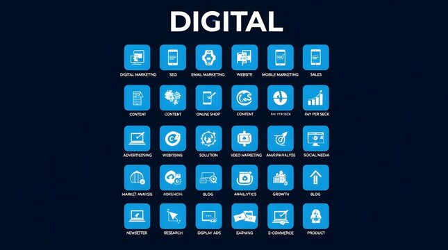 Collection of digital icons representing various technology concepts, including cloud computing, data analysis, and network communication on dark blue background