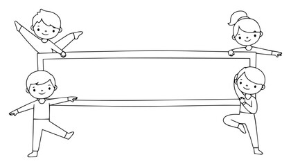 Cheerful kids holding blank rectangular banner for custom text – playful school announcement frame illustration