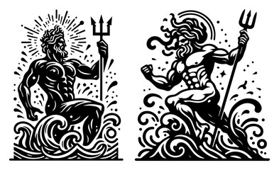 Powerful Poseidon god of sea rising from waves wielding trident – bold mythological engraving style vector set