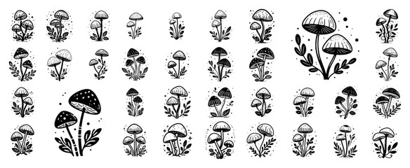 Cottagecore mushroom sprout mega-bundle with whimsical floral accents – versatile forest fungi decorative vector set