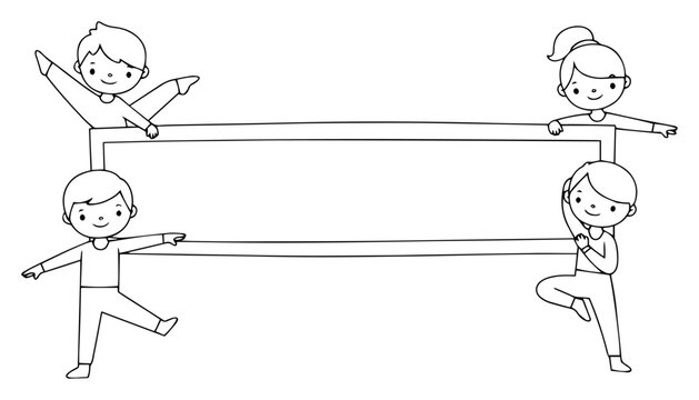 Cheerful kids holding blank rectangular banner for custom text – playful school announcement frame illustration