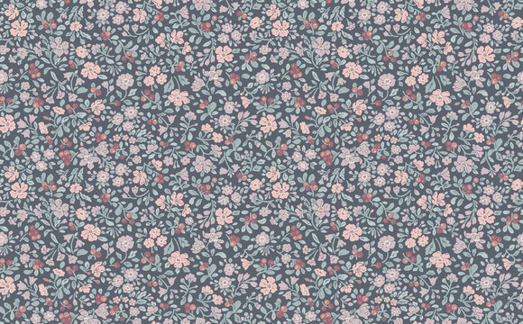 Dark moody floral seamless pattern with vintage ditsy flowers. Cottagecore botanical background for textile and wallpaper. Elegant liberty style flower print for fashion.