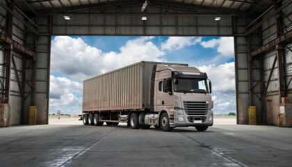 Modern logistics warehouse with a white truck unloading goods. The appearance of a cargo warehouse with gates. Against a clear sky. A warehouse that deals with delivery, export, and business. logistic