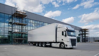 Modern logistics warehouse with a white truck unloading goods. The appearance of a cargo warehouse with gates. Against a clear sky. A warehouse that deals with delivery, export, and business. logistic