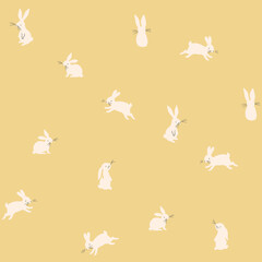 Cute seamless pattern with minimalist white bunnies on a yellow background. Simple kids and nursery animal print for Easter. Scandinavian style rabbit illustration.