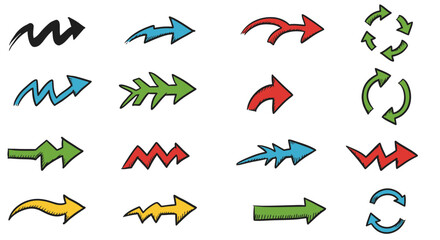 A collection of sixteen stylized arrows in various shapes and colors, pointing in different directions, isolated on a white background.